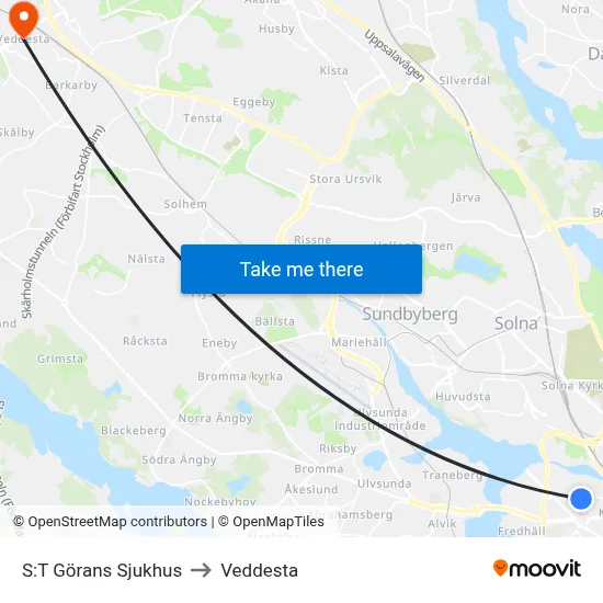 S:T Görans Sjukhus to Veddesta map