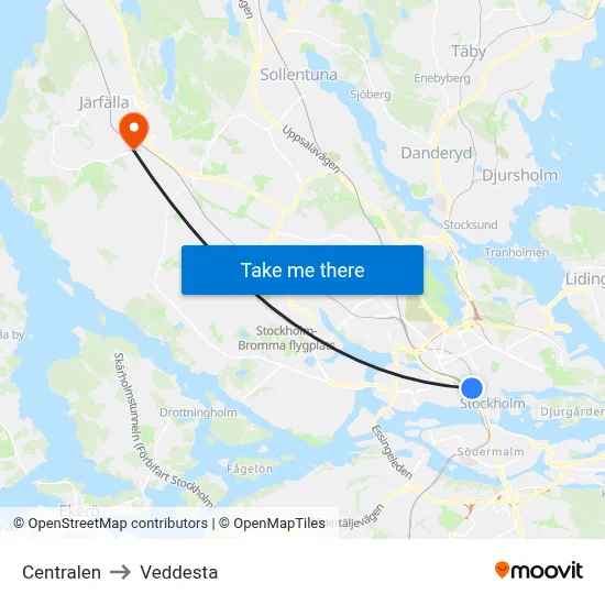 Centralen to Veddesta map