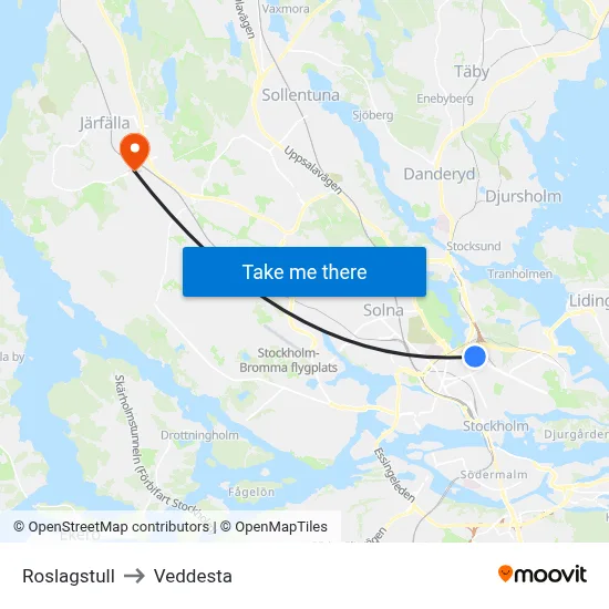 Roslagstull to Veddesta map