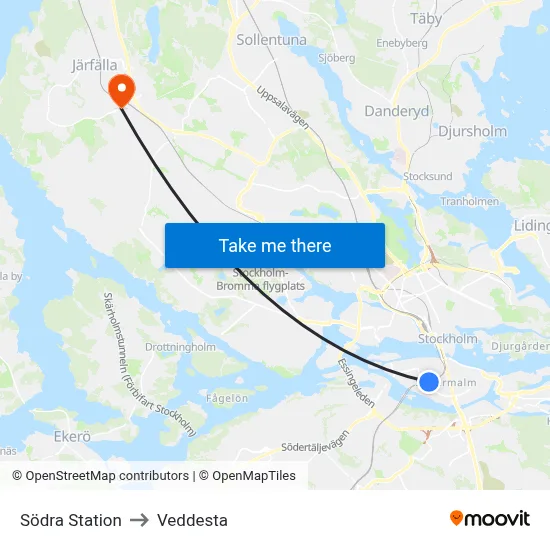 Södra Station to Veddesta map