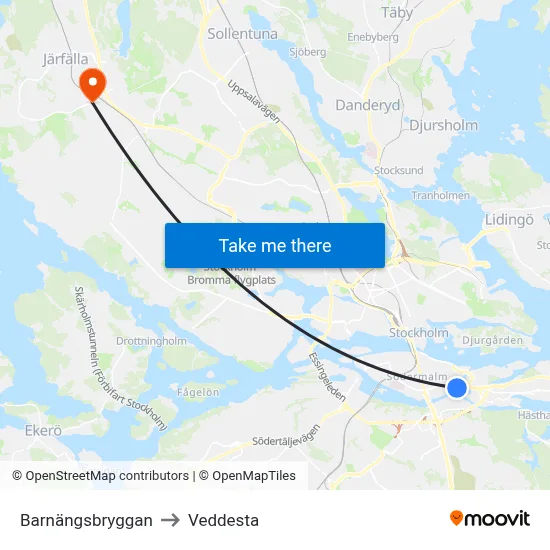 Barnängsbryggan to Veddesta map