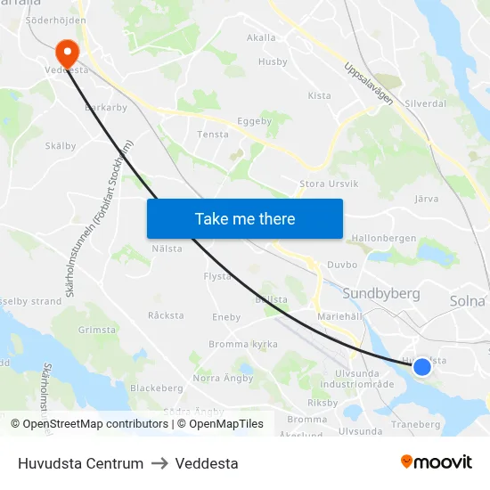 Huvudsta Centrum to Veddesta map