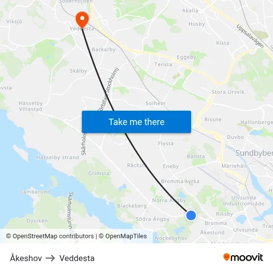 Åkeshov to Veddesta map