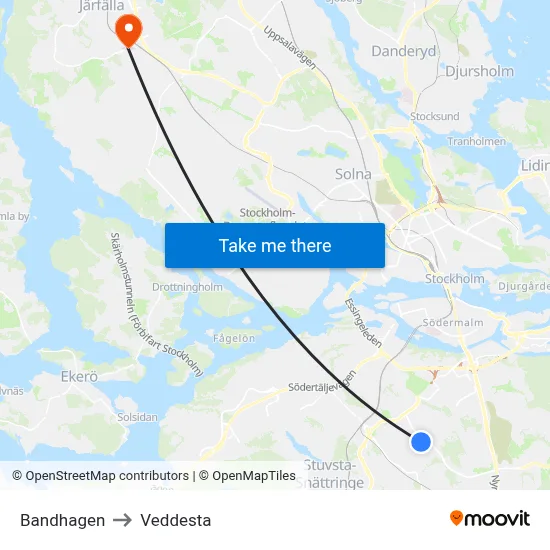 Bandhagen to Veddesta map