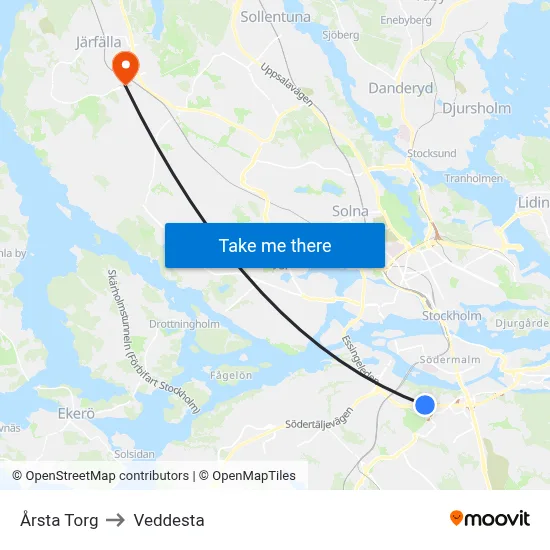 Årsta Torg to Veddesta map