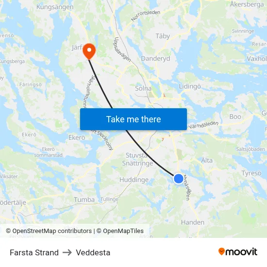 Farsta Strand to Veddesta map