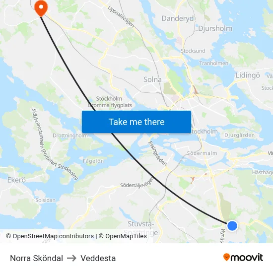 Norra Sköndal to Veddesta map