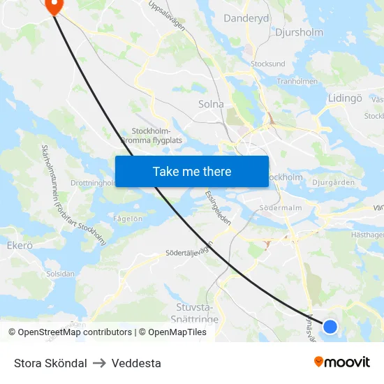 Stora Sköndal to Veddesta map