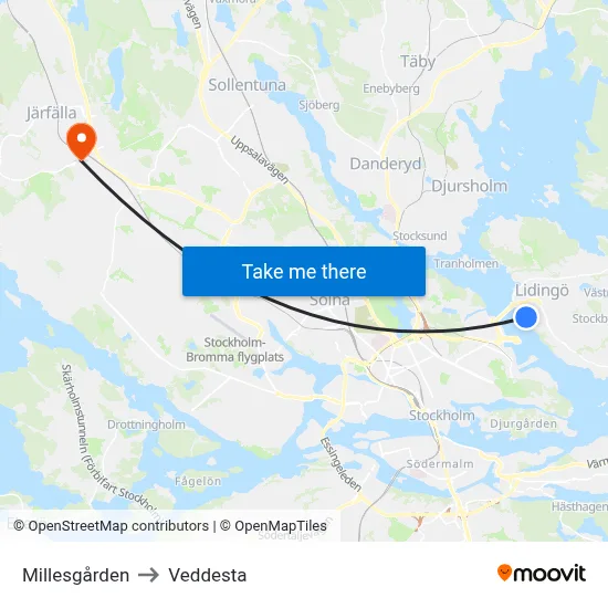 Millesgården to Veddesta map