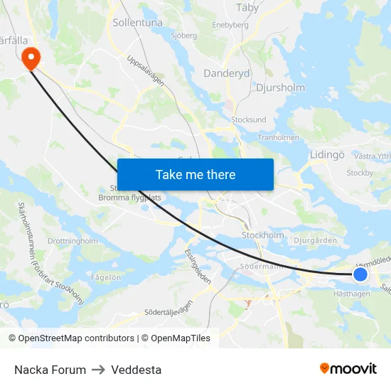 Nacka Forum to Veddesta map