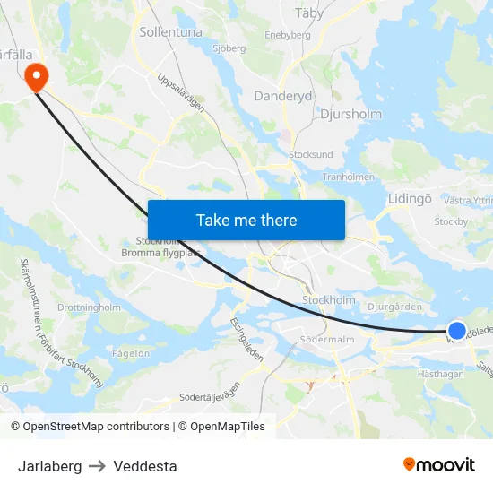 Jarlaberg to Veddesta map