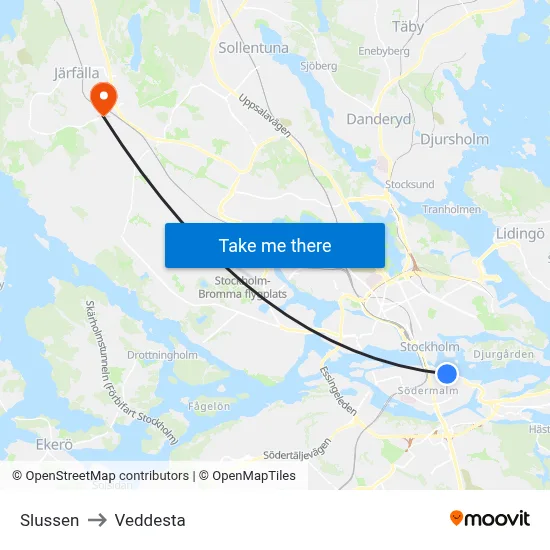 Slussen to Veddesta map