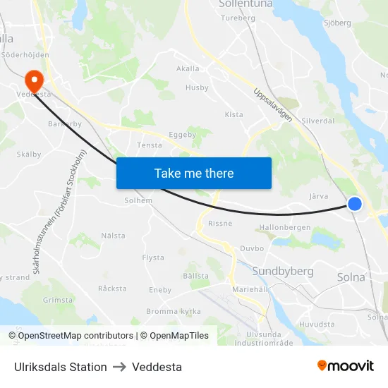 Ulriksdals Station to Veddesta map