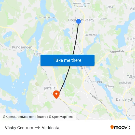 Väsby Centrum to Veddesta map