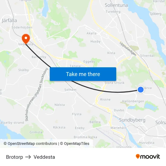 Brotorp to Veddesta map