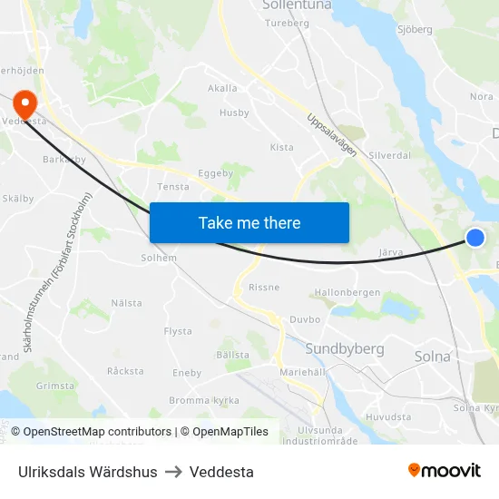 Ulriksdals Wärdshus to Veddesta map