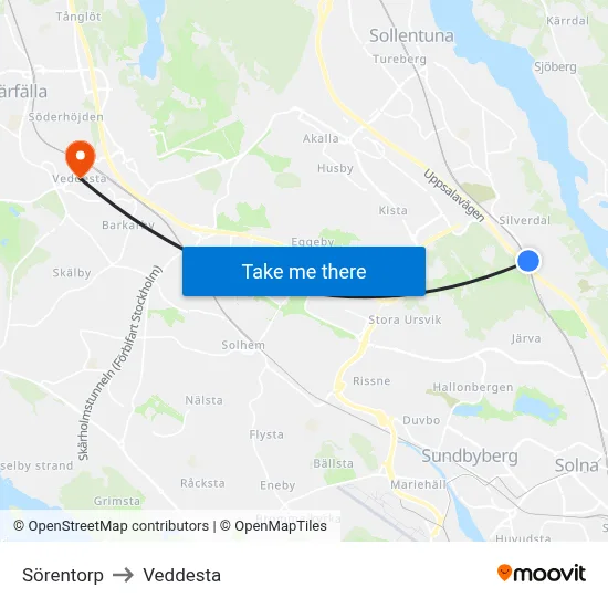 Sörentorp to Veddesta map