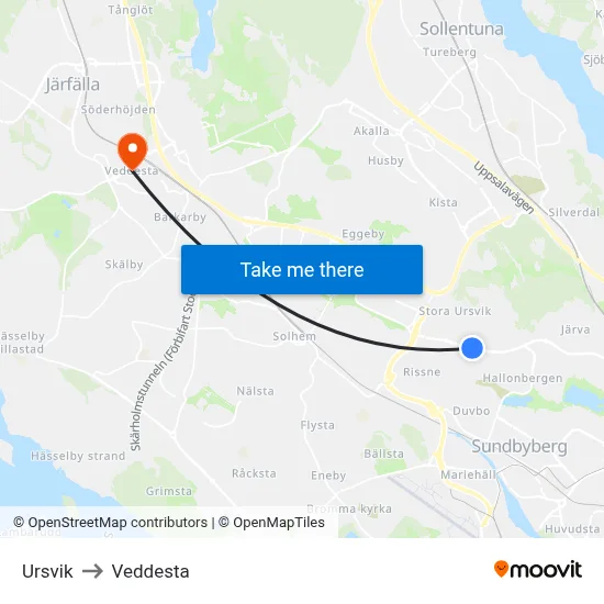 Ursvik to Veddesta map