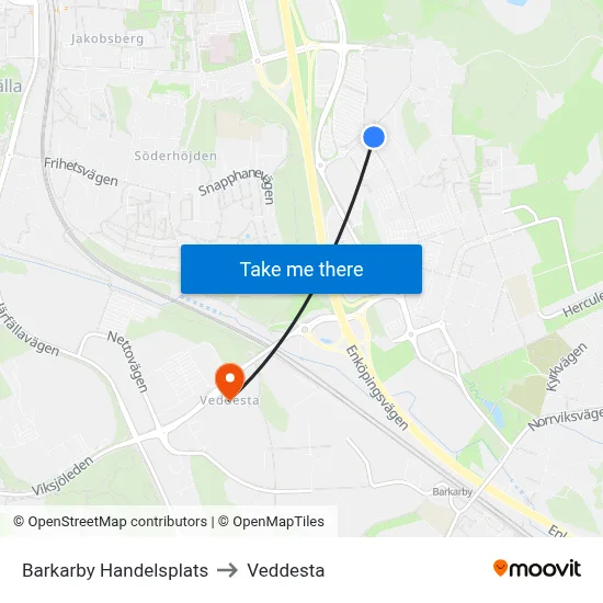 Barkarby Handelsplats to Veddesta map