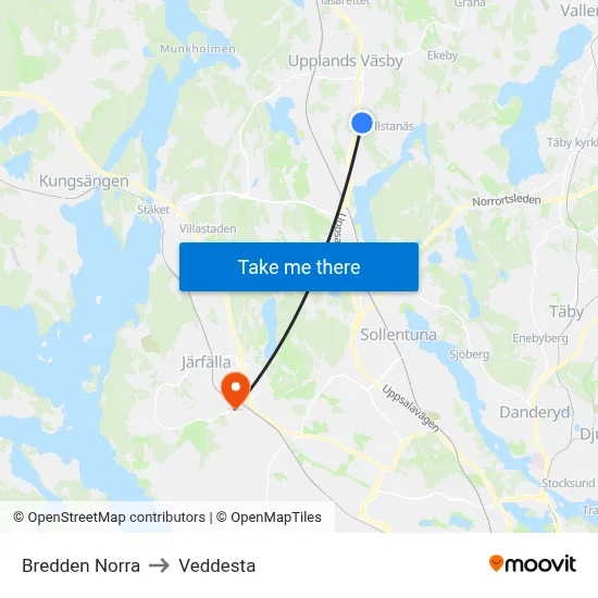 Bredden Norra to Veddesta map