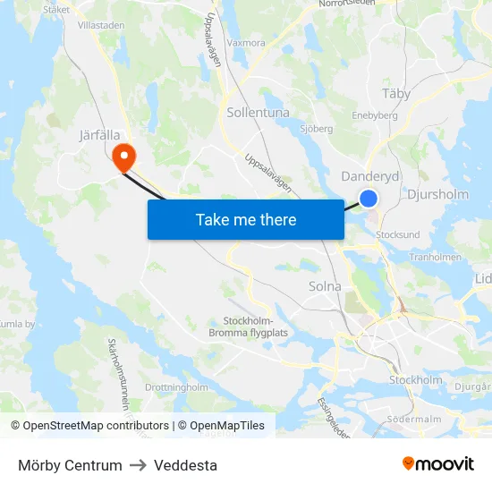 Mörby Centrum to Veddesta map