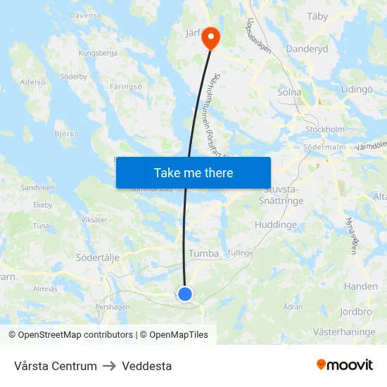 Vårsta Centrum to Veddesta map