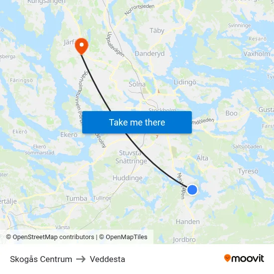 Skogås Centrum to Veddesta map