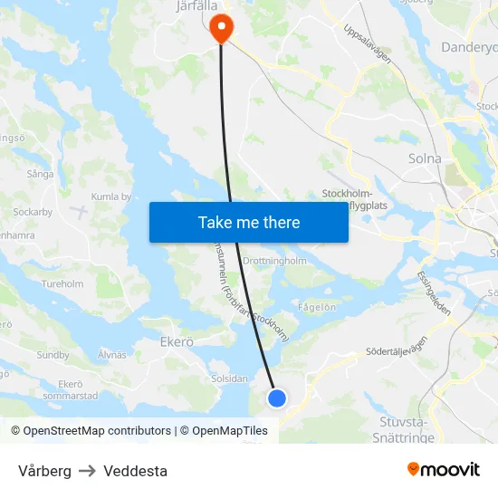 Vårberg to Veddesta map