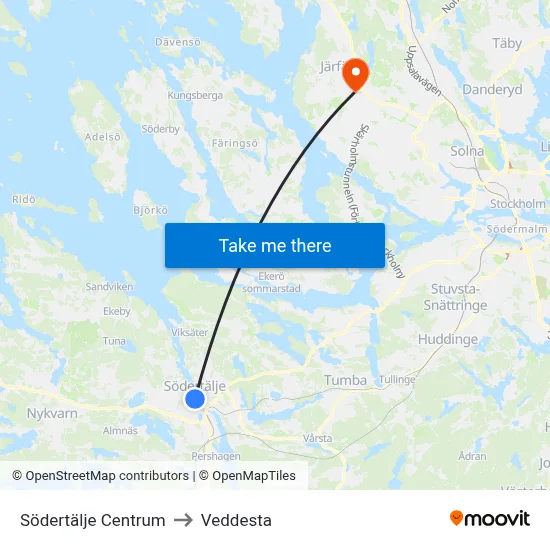 Södertälje Centrum to Veddesta map