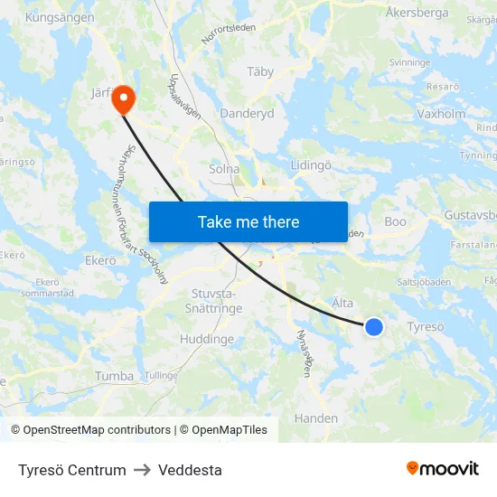 Tyresö Centrum to Veddesta map