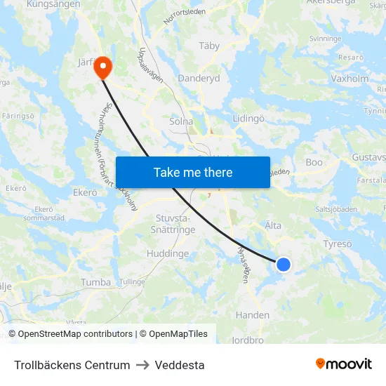 Trollbäckens Centrum to Veddesta map