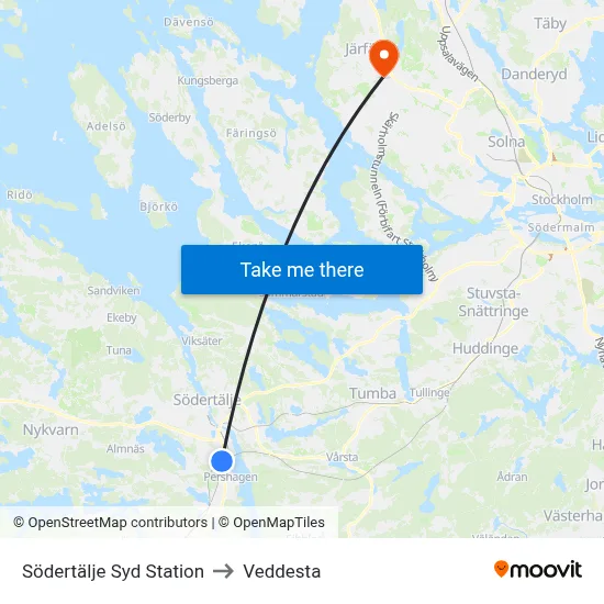 Södertälje Syd Station to Veddesta map