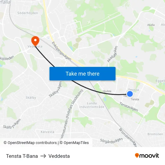 Tensta T-Bana to Veddesta map