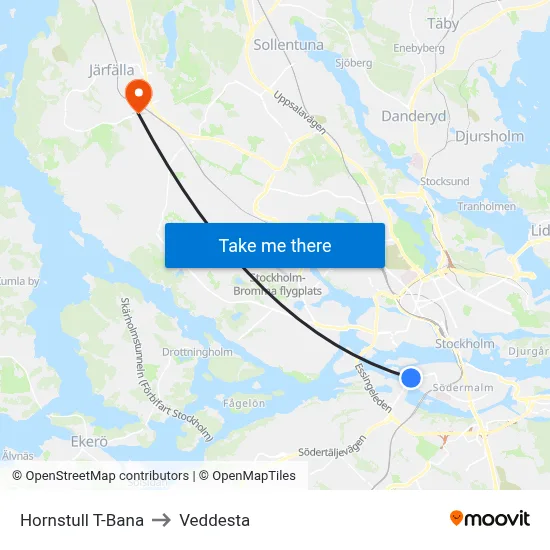 Hornstull T-Bana to Veddesta map