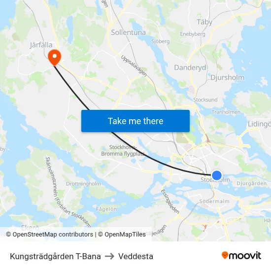 Kungsträdgården T-Bana to Veddesta map