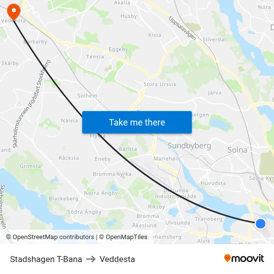 Stadshagen T-Bana to Veddesta map