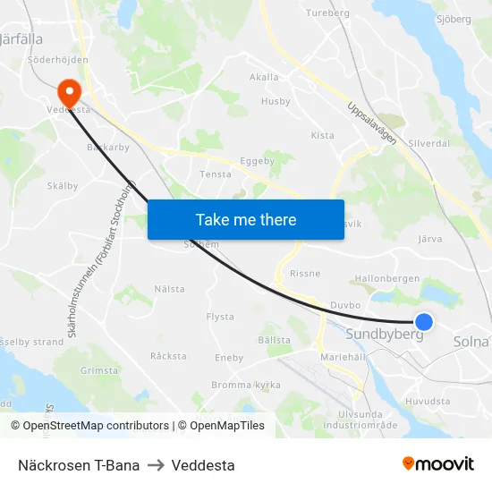 Näckrosen T-Bana to Veddesta map