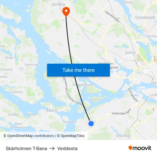 Skärholmen T-Bana to Veddesta map