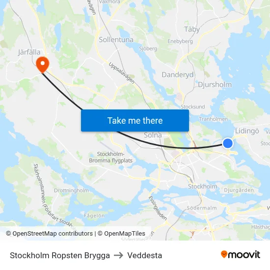 Stockholm Ropsten Brygga to Veddesta map