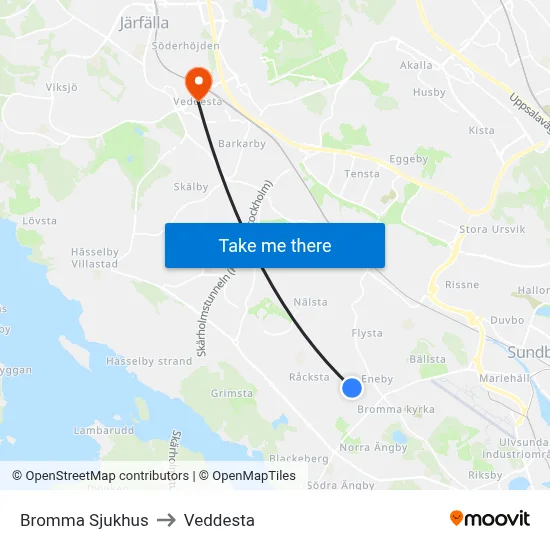 Bromma Sjukhus to Veddesta map