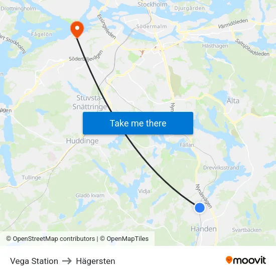 Vega Station to Hägersten map