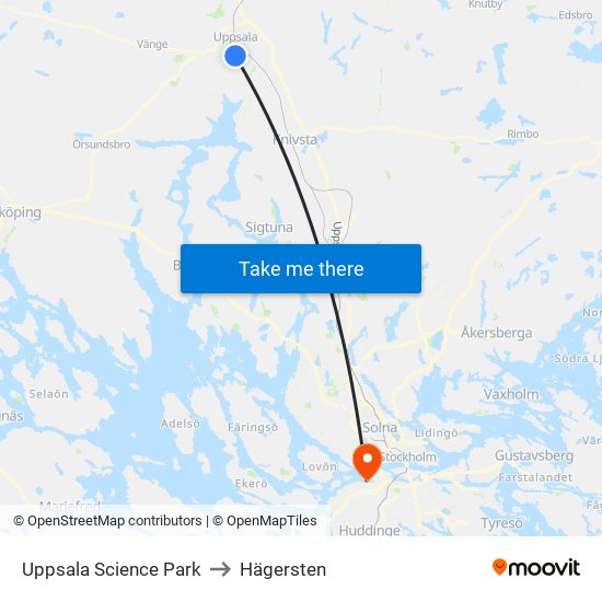 Uppsala Science Park to Hägersten map