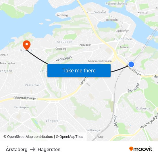 Årstaberg to Hägersten map