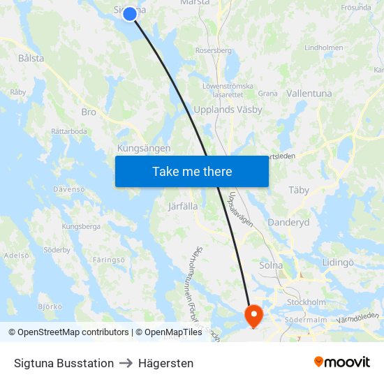 Sigtuna Busstation to Hägersten map