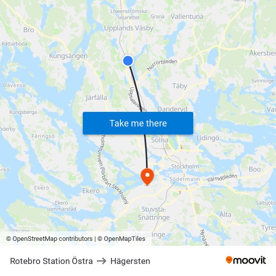 Rotebro Station Östra to Hägersten map