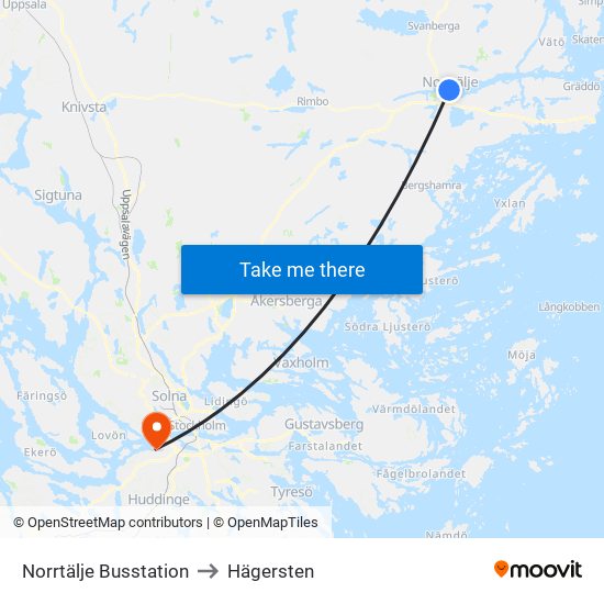 Norrtälje Busstation to Hägersten map