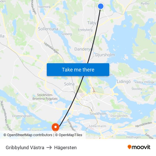 Gribbylund Västra to Hägersten map