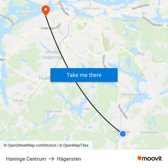 Haninge Centrum to Hägersten map