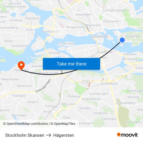 Stockholm Skansen to Hägersten map