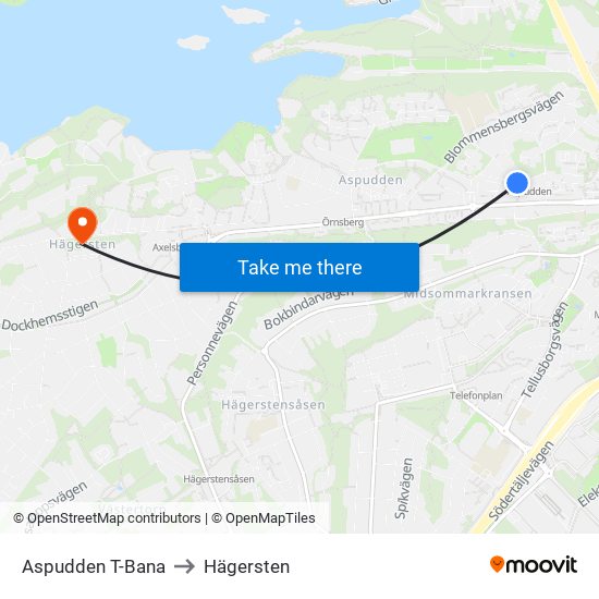 Aspudden T-Bana to Hägersten map